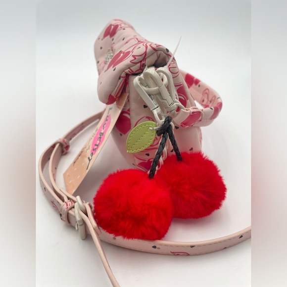 BETSEY JOHNSON Pink Bow LBCORAL Cherries Hearts Crossbody Purse‎ with Pom Pom - Picture 7 of 9
